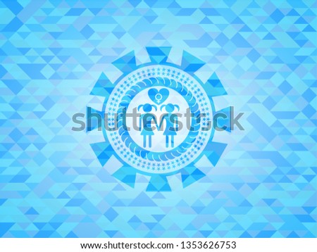 lesbian love icon inside sky blue emblem with triangle mosaic background