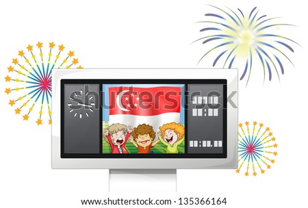 Illustration of a scoreboard with the Singaporean flag and the three kids on a white background