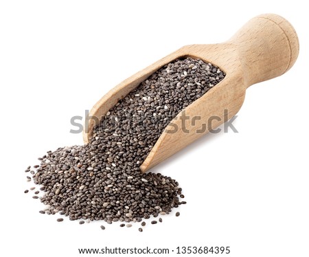 chia seeds in wooden scoop isolated on white background Royalty-Free Stock Photo #1353684395