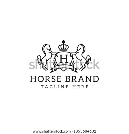 Retro golden crest with shield and two horses. Can be used as logo, emblem or banner for luxury, royal or vintage design concept. - Vector