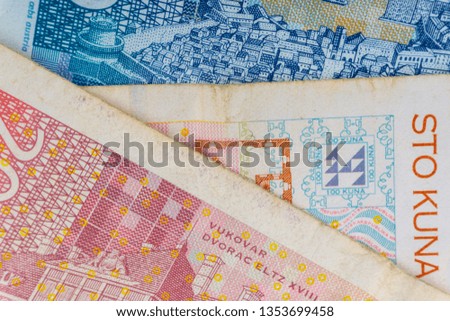 Croatian KUNA or STO KUNA money currency closeup. Selective focus and crop fragment