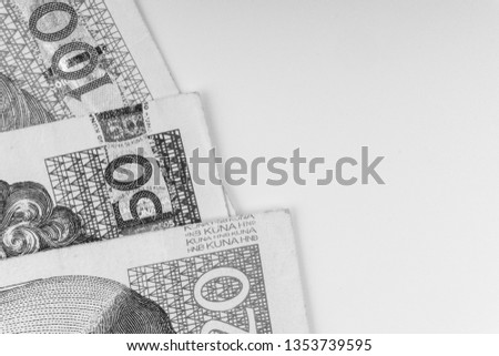 Croatian KUNA or STO KUNA money bank notes closeup. Selective focus and crop fragment. Black and White