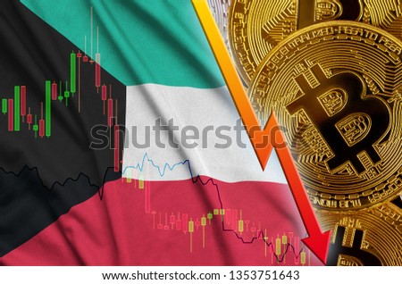 Kuwait flag and cryptocurrency falling trend with many golden bitcoins