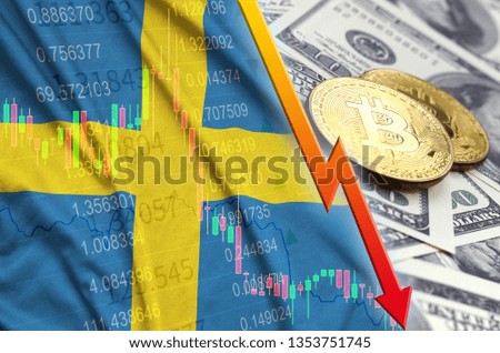 Sweden flag and cryptocurrency falling trend with two bitcoins on dollar bills