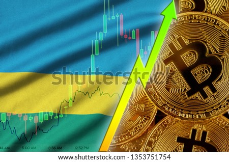 Rwanda flag and cryptocurrency growing trend with many golden bitcoins