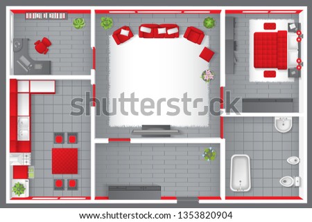 Vector illustration. Apartment floor plan. (top view) Furnished flat. (view from above) Interior architecture. Living room, bedroom, kitchen, bathroom, office. 