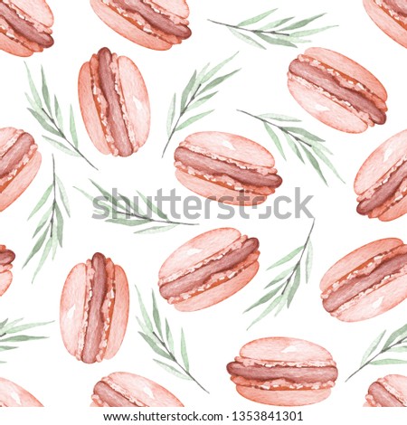 Watercolor seamless pattern of tasty macaroons. Hand drawn french dessert. Can be used in a logo, cards, posters, print, menu, sign and design compositions