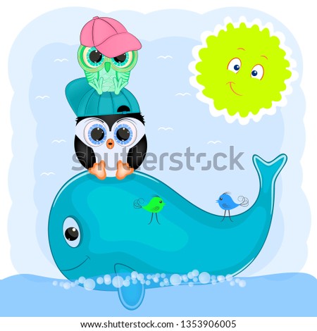 little penguin and owl on a whale. cartoon vector illustration.
