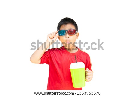 Asian boy with 3D glasses holding plastic cup isolation in clipping path.