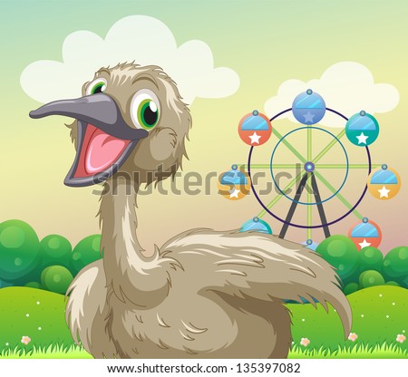 Illustration of an ostrich in front of the ferris wheel