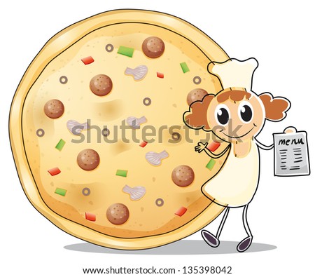 Illustration of a chef in front of a pizza pie on a white background