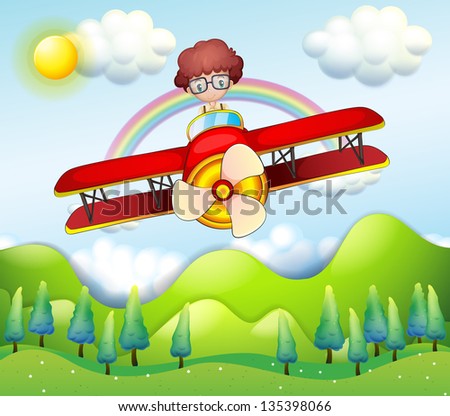 Illustration of a boy riding in a red plane