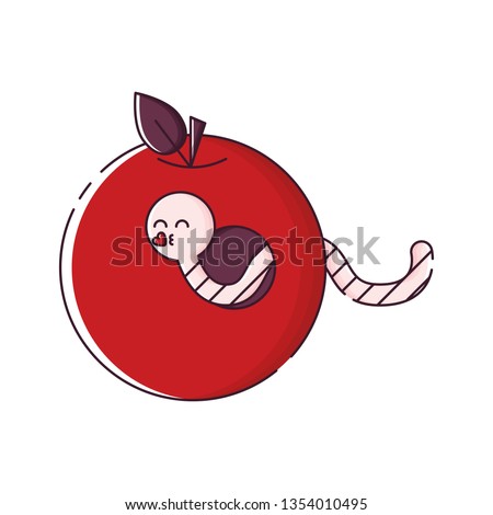 Cute isolated red apple with a worm inside sending an air kiss. Sticker, patch, badge, pin or tattoo. White background. Flat linear style illustration. Vector.