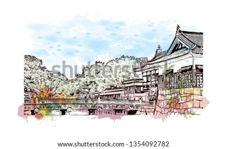 Hiroshima Castle, sometimes called Carp Castle, is a castle in Hiroshima, Japan. Watercolor splash with Hand drawn sketch illustration in vector.