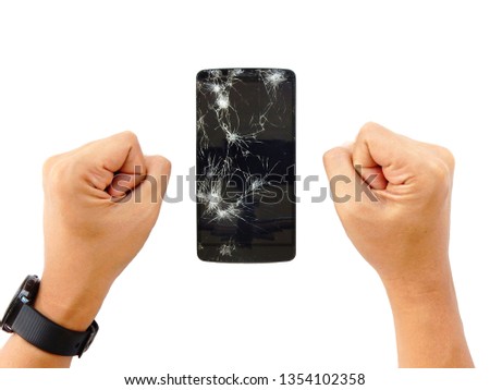 Mobile phone screen cracked broken with men hands fist on white background isolated top view