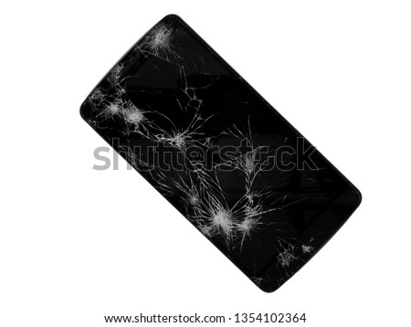 Mobile phone screen cracked broken on white background isolated top view