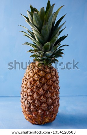 One tasty and fresh pineapple on a blue background. Tropical fruit.