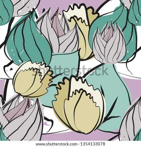 Abstract floral seamless pattern. Phantasy flowers with green leaves in pastel colors