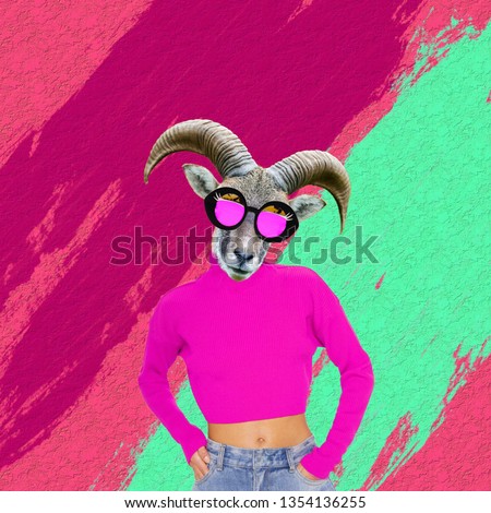 Contemporary art collage. Concept girl with goat with horns as a head.