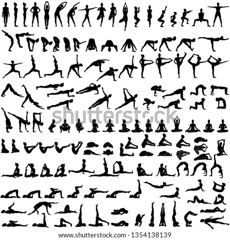 Big set of silhouettes of woman doing yoga exercises.  Icons of girl stretching and relaxing her body in many different yoga poses. Black shapes of woman isolated on white background. Yoga complex. Royalty-Free Stock Photo #1354138139