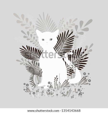 Cute white cat sit in foliage and flowers, in gray colors tones, isolated background. Decorative vector illustration with animal. Monochrome cartoon flat style, beautiful card with a cat.