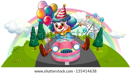 Illustration of a clown riding in a pink car with balloons on a white background