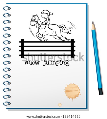 Illustration of a notebook with a sketch of a boy riding a horse on a white background