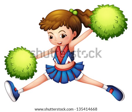 Illustration of a cheerdancer with a green ponytail and green pompoms on a white background