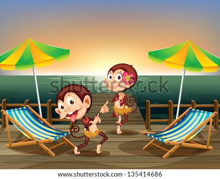 Illustration of the two monkeys dancing at the wooden bridge