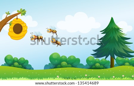 Illustration of a beehive above the hill with three bees