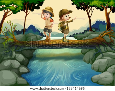 Illustration of the two kids crossing the river