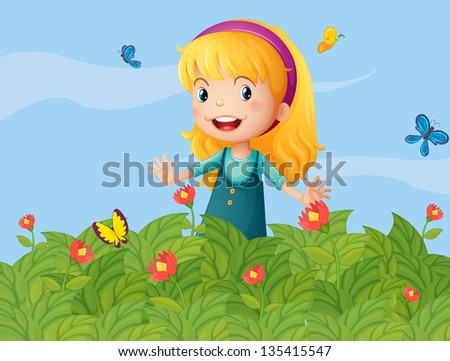 Illustration of a girl with butterflies at the garden