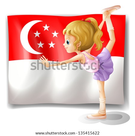 Illustration of a girl dancing in front of the flag of Singapore on a white background