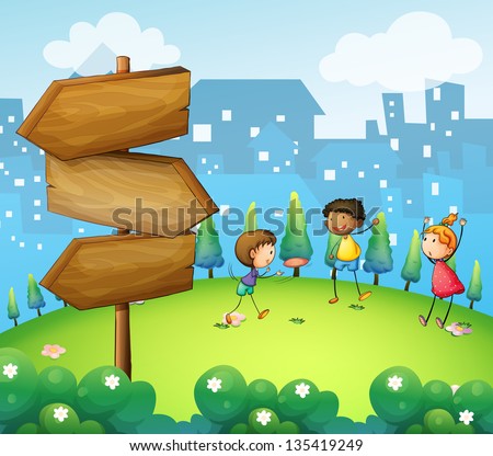 Illustration of the three kids playing in the hill with wooden arrowboard