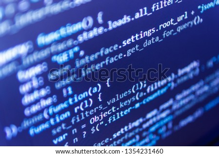 Modern binary code close-up. Php Code on computer screen. Web development work concept. Software developer programming code on computer monitor. Tech source apps. Cyber space concept. 