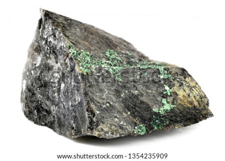 torbernite (uranium ore) from Portugal isolated on white background Royalty-Free Stock Photo #1354235909