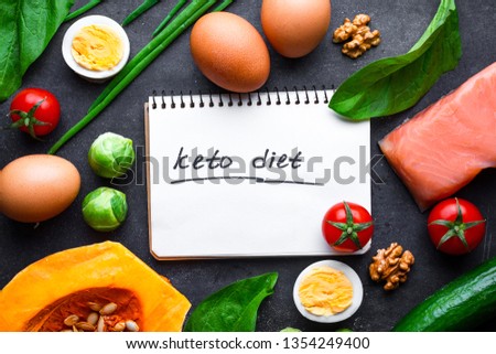 Ketogenic products for healthy, proper nutrition and losing weight. Low carb and keto diet concept. Fiber, clean and balanced eating. Diet plan and control food. 