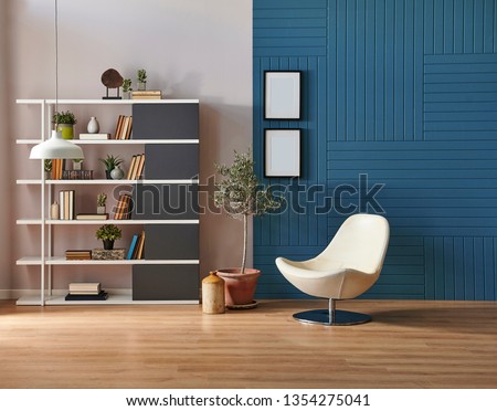 Modern room wall background, white and blue concept, decorative blue room, home object, armchair lamp and frame decor. Bookshelf in the wall, parquet floor.