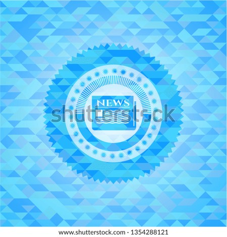 newspaper icon inside sky blue emblem with mosaic ecological style background