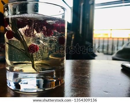 Bubbling cold gin and tonic cocktail with rosemary and cranberry on a bar table in a bar overlooking a sunset 