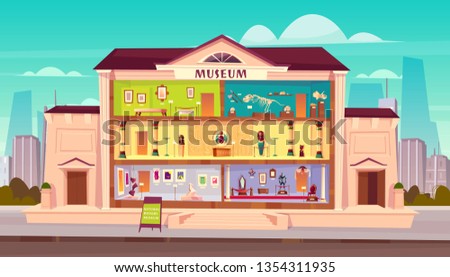 Natural history, ethnographic, paleontology, art museum cartoon vector concept. Cross section building with egyptian, medieval history, dinosaurs skeletons, modern, classic art exposition illustration