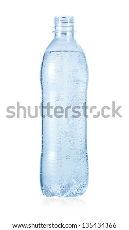 Water in opened bottle isolated on white Royalty-Free Stock Photo #135434366