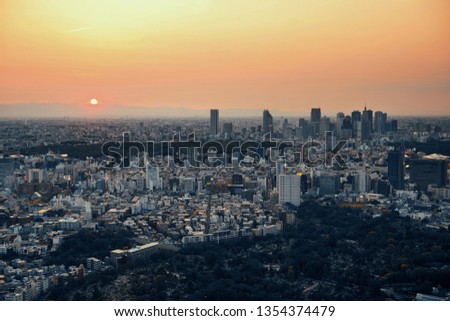 Tokyo urban skyline rooftop sunset view, Japan.