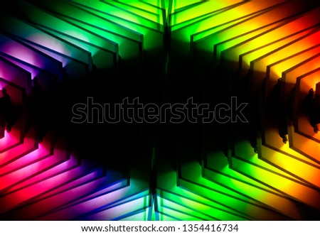 Lath structure. Reworked and colorized modern architecture or minimal interior fragment. Irregular geometric background resembling lighting fixture in bright rainbow colors glowing in darkness.