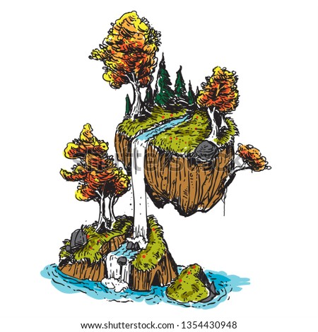 floating island with waterfall flying in the air imagination hand drawn line art illustration colored