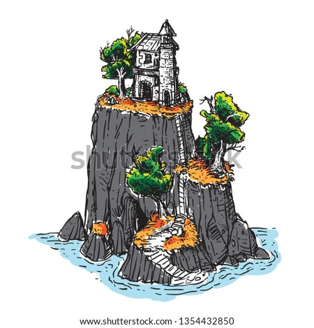 small traditional light house on top of imaginary island sketch line art colored