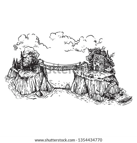 two islands connected with traditional wooden bridge lie art illustration hand drawn sketch black and white
