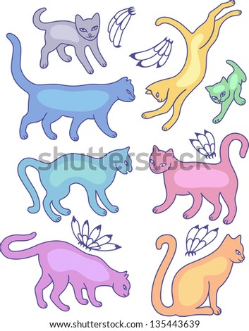 Eight cat silhouettes and fly flowers isolated on white background