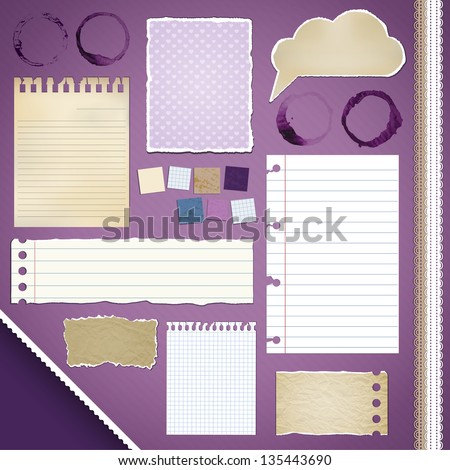 Scrapbooking Set: Torn Papers, coffee stains, ribbons Royalty-Free Stock Photo #135443690