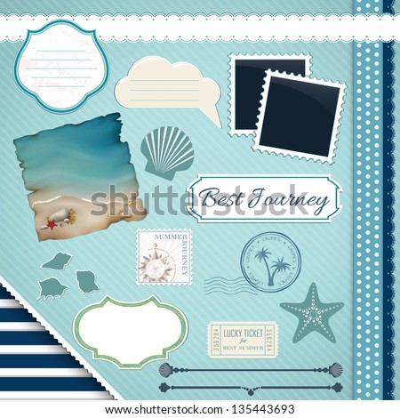 Scrapbooking Set: Summer journey - frames, ribbons, dividers, notes and decorations Royalty-Free Stock Photo #135443693